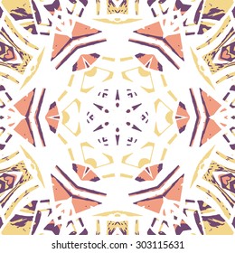 Multicolored kaleidoscopic tile element colored with stylish palette. Symmetrical seamless pattern that can be used as a background texture or for print.