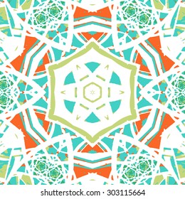 Multicolored kaleidoscopic tile element colored with stylish palette. Symmetrical seamless pattern that can be used as a background texture or for print.