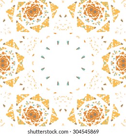 Multicolored kaleidoscopic tile element colored with stylish palette. Symmetrical seamless pattern with vintage flavour.