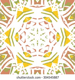 Multicolored kaleidoscopic tile element colored with stylish palette. Symmetrical seamless pattern with vintage flavour.