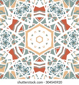 Multicolored kaleidoscopic tile element colored with stylish palette. Symmetrical seamless pattern with vintage flavour.