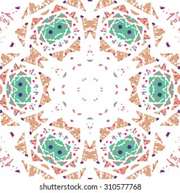 Multicolored kaleidoscopic tile element colored with stylish palette. Symmetrical seamless pattern that can be used as a background texture or for print.