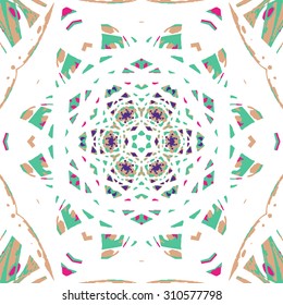 Multicolored kaleidoscopic tile element colored with stylish palette. Symmetrical seamless pattern that can be used as a background texture or for print.