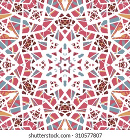 Multicolored kaleidoscopic tile element colored with stylish palette. Symmetrical seamless pattern that can be used as a background texture or for print.