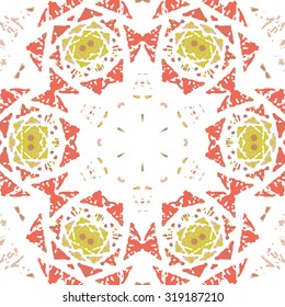 Multicolored kaleidoscopic tile element colored with stylish palette. Symmetrical seamless pattern that can be used as a background texture or for print.
