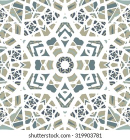 Multicolored kaleidoscopic tile element colored with stylish palette. Symmetrical seamless pattern that can be used as a background texture or for print.