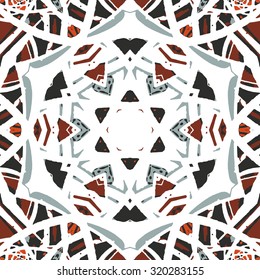 Multicolored kaleidoscopic tile element colored with stylish palette. Symmetrical seamless pattern that can be used as a background texture or for print.