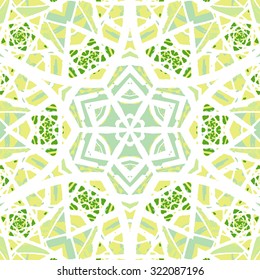 Multicolored kaleidoscopic tile element colored with stylish palette. Symmetrical seamless pattern that can be used as a background texture or for print.