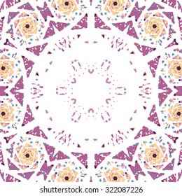 Multicolored kaleidoscopic tile element colored with stylish palette. Symmetrical seamless pattern that can be used as a background texture or for print.