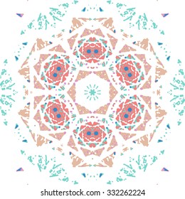Multicolored kaleidoscopic tile element colored with stylish palette. Symmetrical seamless pattern that can be used as a background texture or for print.