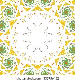 Multicolored kaleidoscopic tile element colored with stylish palette. Symmetrical seamless pattern that can be used as a background texture or for print.