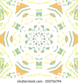 Multicolored kaleidoscopic tile element colored with stylish palette. Symmetrical seamless pattern that can be used as a background texture or for print.