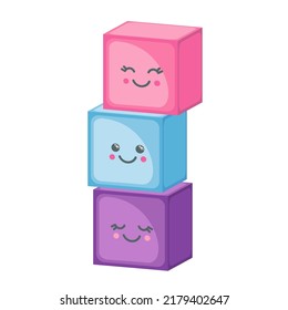 Cubos multicolores de la torre kawaii en estilo plano aislados en fondo blanco. Juguete infantil. Ilustración vectorial.