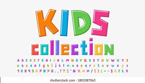 Multicolored kids alphabet square shape font rainbow bright colors. Cartoon typeface isolated on white. Uppercase and lowercase letters, numbers, punctuation marks. Vector illustration