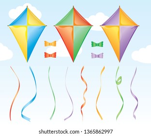 Multicolored kite.Flying kite.Colorful kite set on a blue background