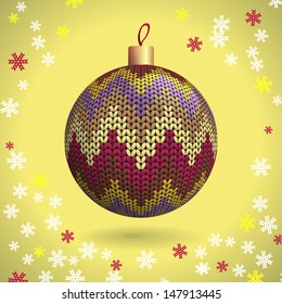 Multicolored Knitted Christmas Ball on the Yellow Background of Snowflakes Knitted, Vector Illustration EPS10