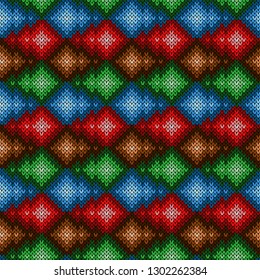 Multicolored knitted ornamental seamless pattern in blue, red, green and brown hues, vector as a fabric texture
