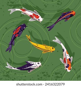 Multicolored Koi, Ziernishikigoi, schwebend im Teich Draufsicht. Dekorative japanische Karpfen schwimmen im Seebad-Panorama. asiatische, orientalische Tiere, Fische mit roten Flecken auf der Waage. Flache Vektorgrafik