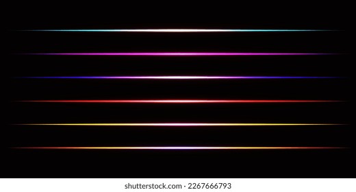 Vigas láser multicolores aisladas en un fondo negro. Rayas brillantes. Ilustración del vector abstracto.