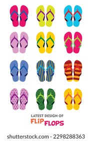 Multi-colored latest designs of flip-flops, Indian Chappal, Chapal, Sandle, Footwears for Beach, Summer Footwear, colorful Slippers, friends or family holiday - isolated vector illustration on white. 