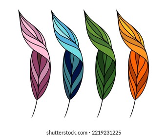 Hojas multicolores, plumas. Ilustración vectorial, gráficos. Plumas o hojas de dibujos animados
