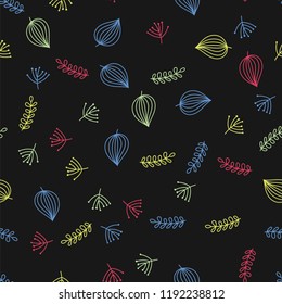 Multicolored leaves, foliage, branches hand painting pattern on black background. Hand drawing tree branches and foliage plants, leaves pattern seamless