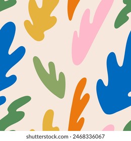 Multicolored leaves on a beige background. Seamless pattern for prints. Groove concept. Vector illustration in flat modern style.