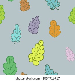 Multicolored leaves on a gray background.Minimalistic simple drawing. Styling.Vectoral image.High resolution.The theme of spring, summer and autumn.Textile print.Uzor for printing.
