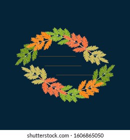 Multicolored leaves are stacked in a patterned frame, in the center of the place for the text, the background is dark blue, vector