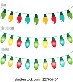 Multicolored led Christmas lights garlands in flat, gradient and mesh styles isolated on white background