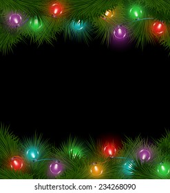 Multicolored led Christmas lights on pine branches isolated on black background