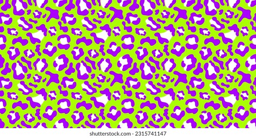 Multicolored Leopard Seamless Pattern. Green background and purple spots. Long rectangular print