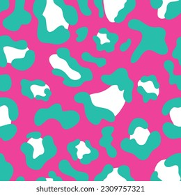 Multicolored Leopard Seamless Pattern. Pink background and blue spots. Square print