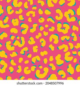 Multicolored leopard skin seamless repeat pattern. Random placed, vector animal all over print on pink background.