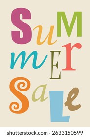 Multicolored lettering spelling summer sale on a light cream  background, ideal for promotional materials. Vector poster