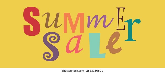 Multicolored lettering spelling summer sale on a vibrant yellow background, ideal for promotional materials. Vector banner