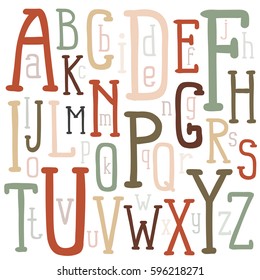 Multicolored letters of the alphabet of different sizes inscribed in a rectangular poster. A unique font drawn by hand. Vector illustration.