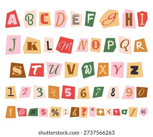 Multicolored letters cut out from magazines. Collection of clippings for word formation, typing, notes, collages. Criminal alphabet for anonymous blackmail or ransom.