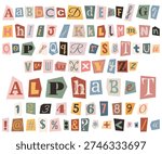 Multicolored letters, numbers and punctuation marks cut out from magazines and newspapers. English alphabet for collage in trendy style. Font for criminal ransom letters and detective stories