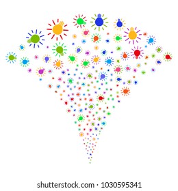 Multicolored Light Bulb burst fountain. Object fountain created from random light bulb symbols as fireworks. Vector illustration style is flat iconic symbols with psychedelic colors.