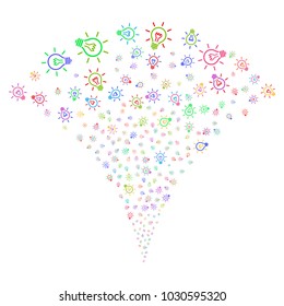 Multicolored Light Bulb explosion fountain. Object fountain done from random light bulb symbols as fireworks. Vector illustration style is flat iconic symbols with psychedelic colors.