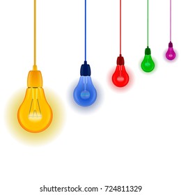 Multicolored light bulbs hanging on colored wires arranged in a row