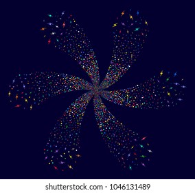 Multicolored Lightning curl flower with six petals on a dark background. Impressive flower created from random lightning objects.