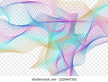 Multicolored Line Background Transparent Vector. Graphic Cover. Gradient Wave Dynamic. Ribbon Array Banner. Rainbow Relax Mesh.