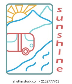 Multi-colored linear logo with a bus on a white background. Vector illustration of a bus landscape, mountains and sunset. Logo with the inscription sunshine