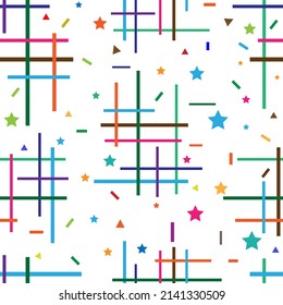 The multicolored lines intersect in a mess. There are stars and triangles scattered around on white background. Simple pattern seamless vector.