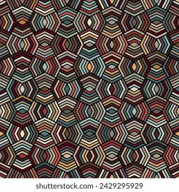 Multicolored lines on a black background. Modular geometric elements in the shape of arrows. Modern ethnic striped style. Seamless repeating pattern.