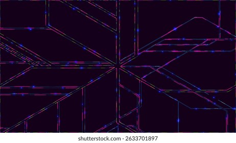 Linhas multicoloridas em um plano de fundo escuro. Abstrato colorido padrão geométrico de linhas. Esquema abstrato de movimento de diferentes tipos de transporte. Coleção de estilos e desenhos visuais artísticos. 
