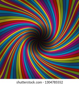 Multicolored lines. Rainbow colored tunnel ending in dark infinity. Colorful lines spiral background Illustration