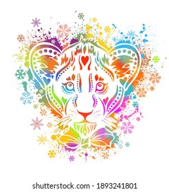 Un cachorro de león multicolor. La cara del león es un resumen arcoiris. Ilustración del vector